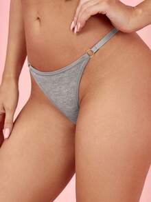 Women's Casual Grey Fabric Thong Panties With Ring Detail - Grey - View 3