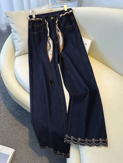 GlowEve Women's Elegant Loose Casual Contrast Color Embroidered Straight Leg Pants