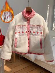 SHEIN EZwear 플러스플러스 사이즈 여성 컬러 블록 격자 무늬 패치워크 플리스 캐주얼 재킷, 가을/겨울