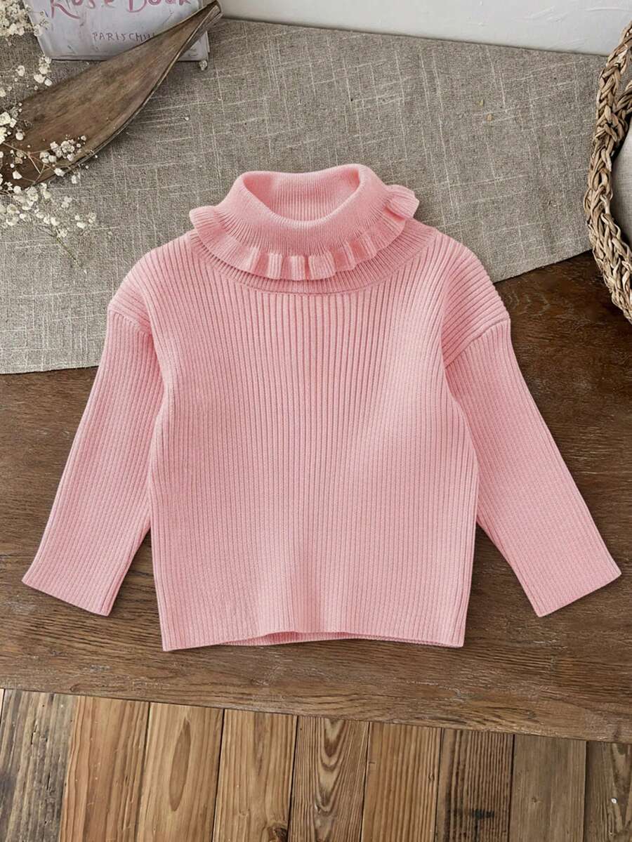 SHEIN LMoss Kids LMoss Cute And Versatile Milk White Simple High Neck Long Sleeve Sweater For Baby Girls, Autumn/Winter - Pink - View 1