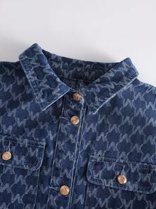 GlowEve 女士休闲/办公通勤全印花翻盖口袋系带牛仔连衣裙，春秋季 - 中等水洗藍 - 查看 5