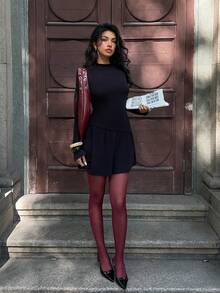 SHEIN EZwear 女士纯黑色长袖针织中长连衣裙，适合秋季通勤 - 黑色 - 查看 1