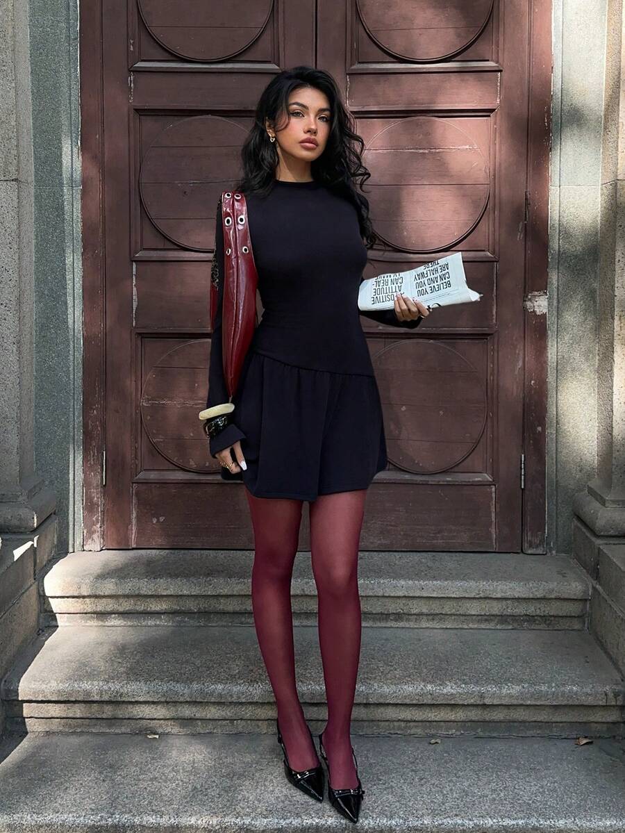 SHEIN EZwear 女士纯黑色长袖针织中长连衣裙，适合秋季通勤 - 黑色 - 查看 1