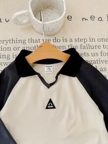 SHEIN 2pcs Baby Girl Colorblock Casual Polo Collar Long Sleeve T-Shirt And Elastic Waist Pants Set - Black and White - View 5