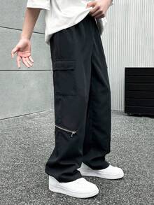 Mirajuku Casual Zipper Decor Cargo Pocket Loose Fit Wide Leg Pants For Teen Boys, Black, High-End Versatile Style, Comfortable & Practical For Autumn, Spring, Summer, Suitable For Daily Wear, Commuting, Outdoor Activities, Sports, School, Streetwear, Parties