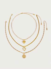 Glisma 3 件不锈钢金黄色爱心系列 3 种不同款式的项链和吊坠，长度可调节，可堆叠或单独佩戴，适合日常装饰或送礼情人节、妈妈、母亲、母亲节、礼物 - 金黃色 - 查看 5