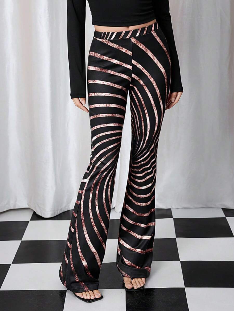 Y2Kool Maria Clara Maia Schwarze & roségoldene Y2K Streetwear Slim Fit Lässig Hose für Damen, geeignet für Partys, Feiertage und den täglichen Gebrauch, Schlaghose für Frauen, Geburtstag, Karneval - Schwarz - Übersicht 1