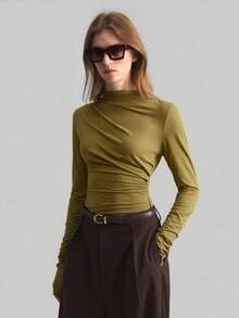 Ontre Women's Ruched Design Stand Collar Long Sleeve Basic T-Shirt, Urban Commute Business Casual Top, Elegant For Thanksgiving, Christmas, New Year Party, Wedding Guest Modern Urban Casual Fashion Business Casual Women's Office Wear Low-Key Old Money Style Effortless Temperament High-End Urban Commuting High-Quality Airport Women's Wear High-End Material - Green - View 4