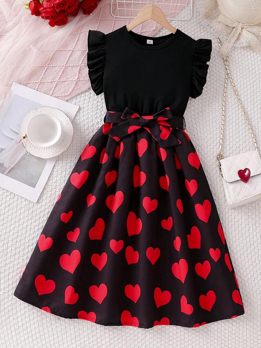 SHEIN Tween Girls' Summer Casual Patchwork Heart Print Ruffle Hem Dress Tween Dresses Puff Sleeve Dress Cute Tween Valentines Dress Cute Cheap Clothes - Black - View 1