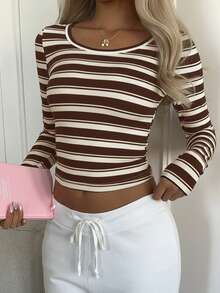 CovetEZ Women's Casual Striped Crew Neck Cropped Long Sleeve T-Shirt Long Sleeve Two Piece Set 2 Piece Lounge Sets Woman Brown Two Piece Set Women Striped Two Piece Set 2 Piece Casual Sets Woman Brown Striped Top Long Sleeve Top Striped Long Sleeve Top Casual Striped Top Brown White Striped Top - Brown - View 4