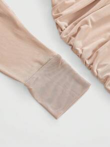 ROMWE Avant Music Festival Sexy Slinky Draped Neck Plunging Neckline Sheer Off Shoulder Women Dress - Camel - View 4