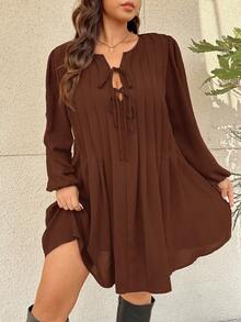 SHEIN Frenchy Plus Size Women's Casual, Vacation, Daily Commute Simple Solid Color Knot Front Lantern Sleeve Fold Pleated Loose Dress, Spring/Autumn - Coffee Brown - View 5