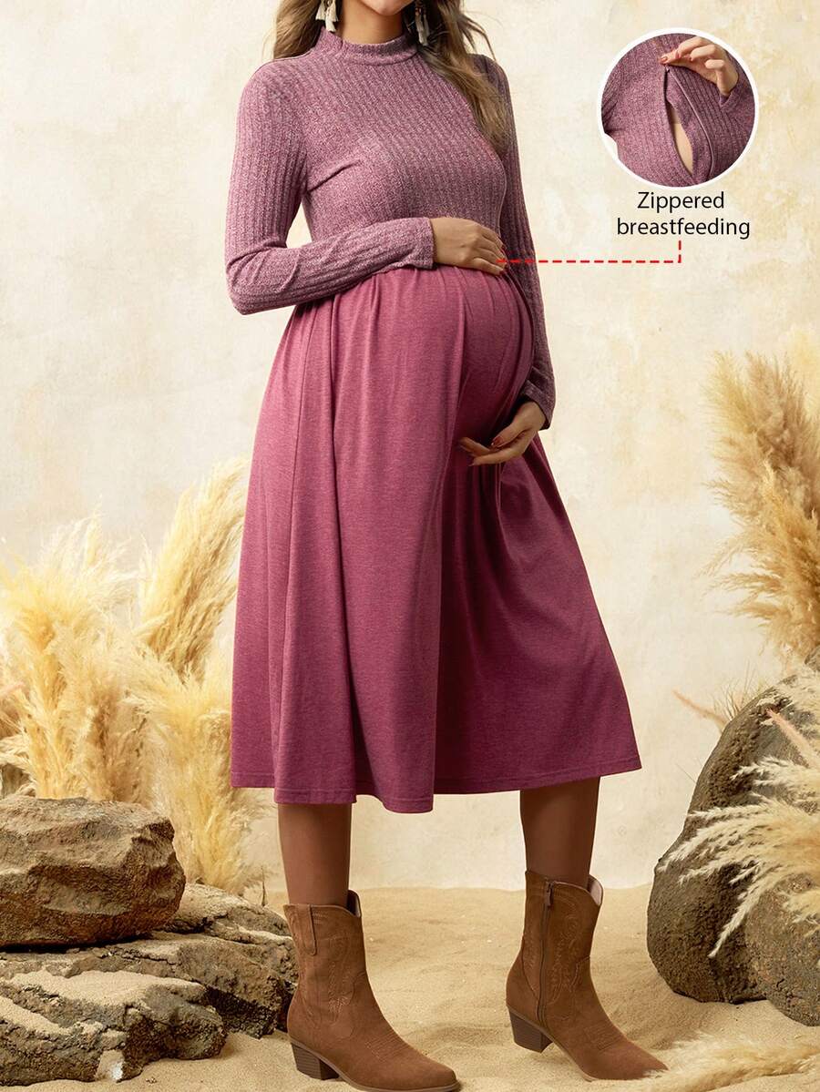 Boho Mama Đầm thường ngày cho bà bầu và cho con bú cổ tròn tay dài màu tương phản - Bụi hồng - Xem 1