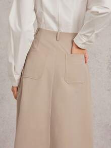 L'Amorae 女士中长款开衩宽裙 商务休闲办公室复古款 - 卡其色 - 查看 4