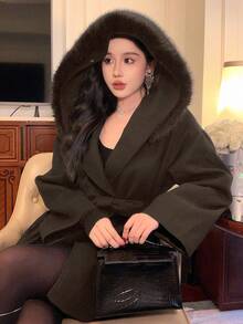 DAZY Women's Elegant Wool Collar Belted Wool Blend Coat, Autumn/Winter - Brown - View 5