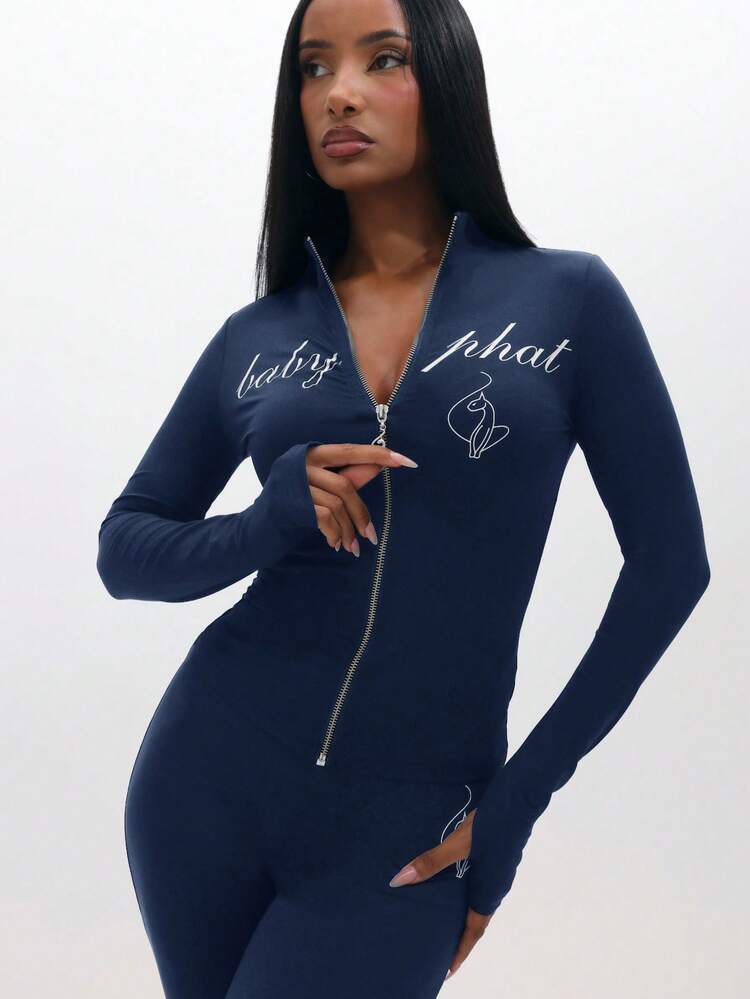 BABYPHAT Long Sleeve Zip Up Top With Script Logo And Flare Leg Silhouette For Casual Street Style