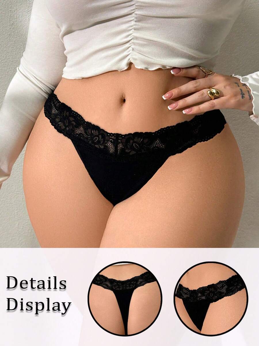 1 件大码女式蕾丝拼布丁字裤 - 黑色 - 查看 1