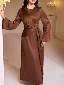 Veilorie 女士纯色圆领金属环装饰优雅长袖连衣裙 - 棕色 - 查看 6