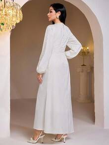 Veilorie Women's Jacquard Round Neck Zipper Waist Elegant Party Long Sleeve Arabic Dress - White - View 3