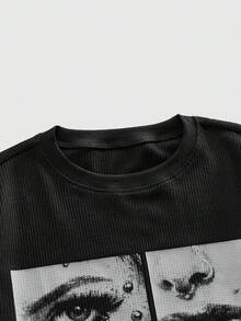 ROMWE MEN Street Life 男士休闲时尚街头字母和图案拼接印花长袖黑色T恤，春秋季 - 黑色 - 查看 3