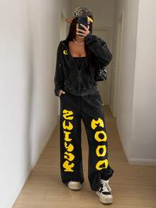 StreetHx 2000s Style Women Casual Streetwear Distressed Pattern Loose Fit Sweatshirt 2 Pieces Set - Black - View 5