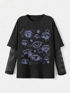 Plus Size Women Gothic Eye Print Mesh Patchwork Loose T-Shirt