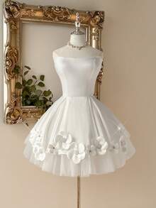 Lovelzi 优雅奢华白色缎面手工3D立体花卉装饰复古腰线泡泡裙摆短款连衣裙，适合婚礼、新娘礼服、晚宴、派对、礼品等场合。 - 白色 - 查看 5