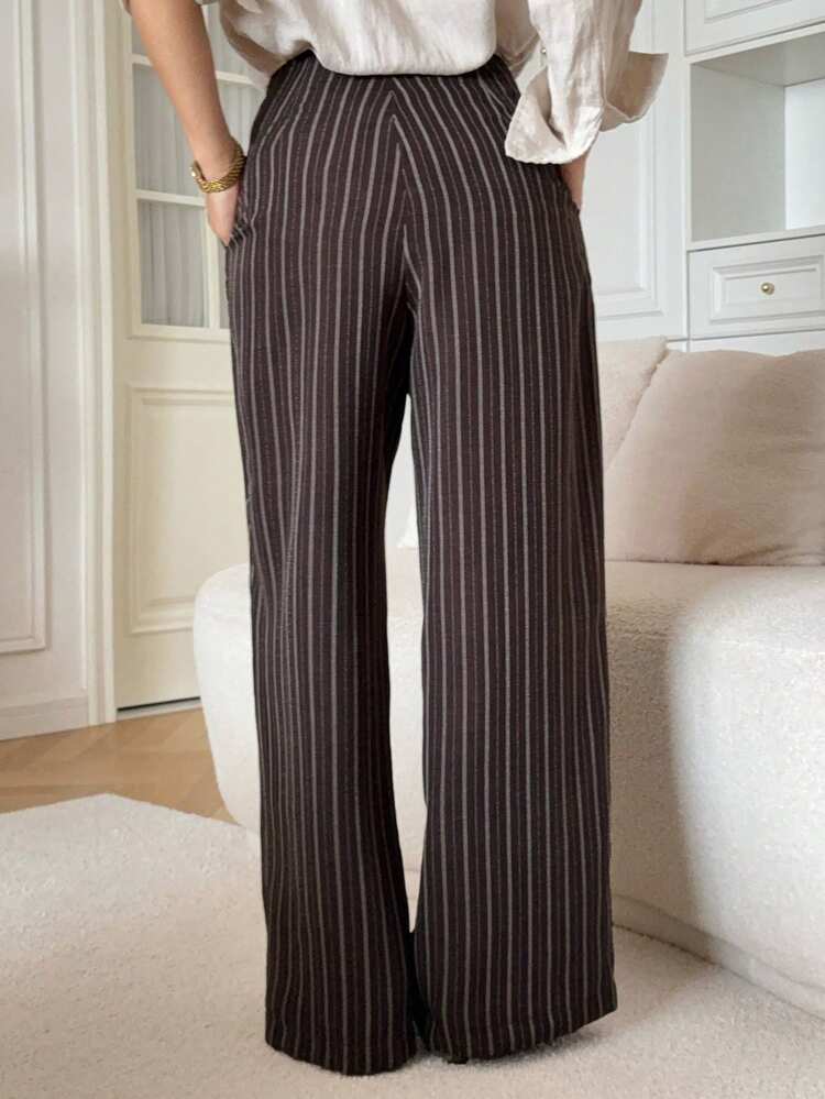 Women's Casual Striped High Waist Loose Wide Leg Pants, Suitable For Work And Commute