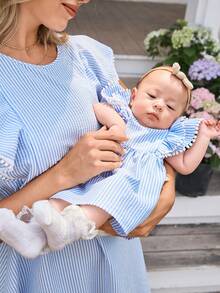 Newborn Baby Girl Blue And White Striped Ruffled Hem Dress, Summer - Baby Blue - View 4