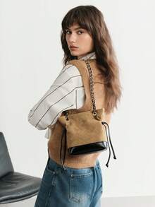 SHECARRY Retro Color Block Suede Handbag, Autumn/Winter Fashion Quilted Chain Shoulder Bag, Commuter Crossbody Hobo Bucket Bag - Khaki - View 6