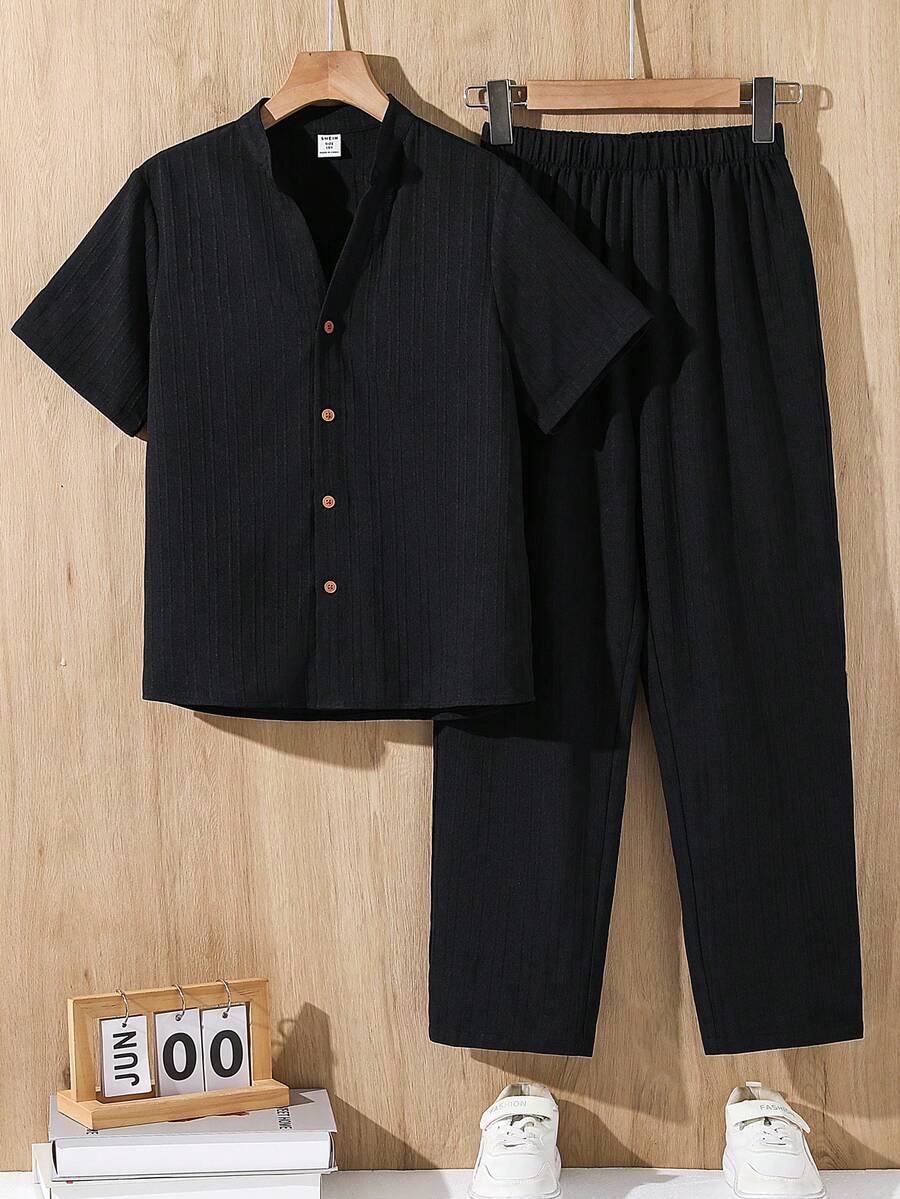 SHEIN Bộ 2 quần dài ống đứng, thoải mái hàng ngày, cổ đứng, hở phía trước, dáng rộng cho bé trai/trẻ vị thành niên - màu đen - Xem 1
