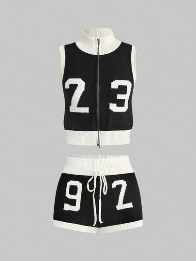 ROMWE Avant Women's Casual Fashion Street Sporty Collegiate Numeric Pattern Contrast Color Turtleneck Sleeveless Zip-Up Cardigan And Drawstring Waist Knit Shorts 2-Piece Set