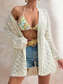 SHEIN Beige Open Knit Cardigan With Hollow Textured Pattern And Relaxed Fit Long Sleeves For Breezy Spring Layering - White - View 1