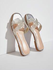 SHUZIA All-Time Women's Luxe-Inspired Rhinestone Harness Cutout Open Toe Rhinestone Silver Slides – Dazzling, Shiny & Luxurious For Christmas Valentine's Day Summer Shoes - Silver - View 4