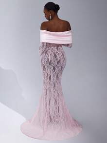 Cheriluna Maternity 孕妇写真露肩长袖连衣裙，正面蝴蝶结设计，收腰，美人鱼蕾丝下摆长裙 - 粉色 - 查看 2