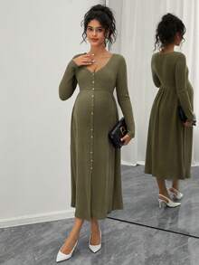 SHEIN Maternity V-Neck Front Button Fitted Long Sleeve Dress - Army Green - View 1