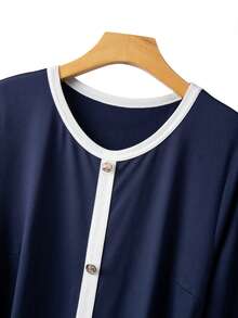 SHEIN Clasi Plus Size Color Block Trim Round Neck Button Elegant Fashion Dress Fall - Blue - View 8