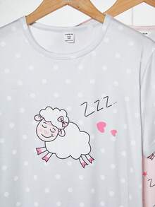 Set de 2 piezas Pijama casual cómodo con estampado de ovejas lindas para niñas, camisón largo de manga corta y cuello redondo - Multicolor - View 7