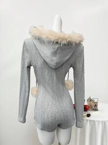 Celisse 女士优雅编织提花连帽领拼接半开襟连体裤