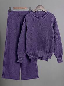 Franclia 2pcs Solid Color Knitted Sweater And Pants Set, Casual And Versatile, Autumn/Winter - Violet Purple - View 3