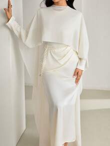 Veilorie Women's Solid Color Ruched Elegant Long Sleeve Arabic Dress - Beige - View 10