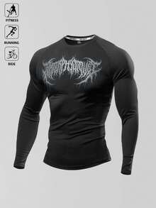 Manfinity Sport Polished Men's Gothic Print Round Neck Raglan Sleeve Slim Fit Athletic T-Shirt Men Compression Tops Compression Long Sleeve - Black - View 3