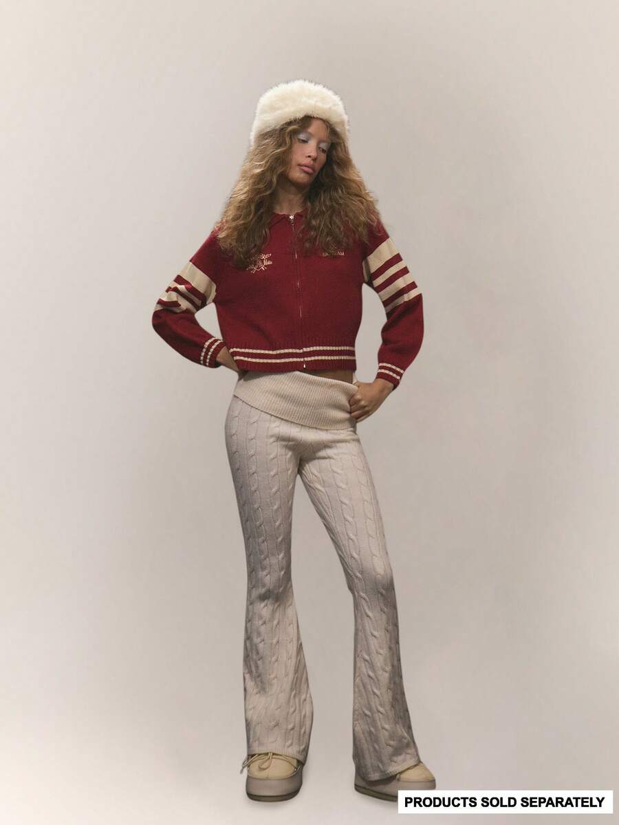 MUSERA Cable Knit Fold Over Waist Fitted Flare Leggings Bottoms Only Winter Ski Vacation Lounge Holidays Apres-Ski Aspen - White - View 1