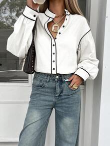 Siren Gaze 女士撞色滚边长袖衬衫，纯棉立领衬衫，秋季款 - 白色 - 查看 4