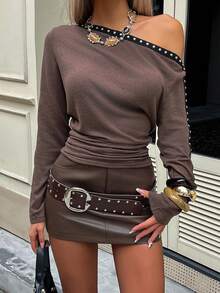 Siren Gaze Spring Fashion Batwing Sleeve Studded T-Shirt For Women, Y2K Women's Top, Off-Shoulder T-Shirt, Brown T-Shirt Casual - Brown - View 4