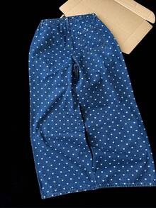 Comfortcana 女士休闲通勤爱心印花褶皱宽松阔腿牛仔裤 - 深色水洗藍 - 查看 2