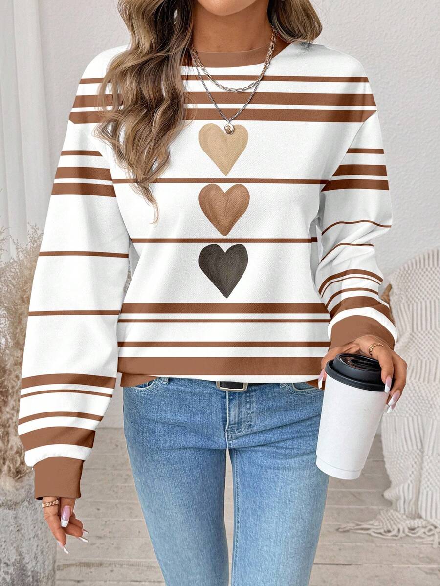 SHEIN LUNE Áo sweatshirt nữ dáng rộng, mỏng, cổ tròn, tay dài, màu nâu nhạt, in hình 3 trái tim, phong cách tối giản, thích hợp cho mùa thu/đông, kiểu dáng thường ngày. - Nhiều màu - Xem 1