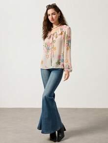 Cévolie Women's Elegant Floral Print Pink Ruffle Hem Comfortable Blouse - Pink - View 3