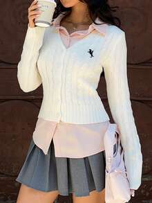 MainGRL Áo khoác cardigan mỏng dài tay thêu nút phía trước cổ chữ V cho nữ màu trắng - trắng - Xem 3