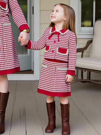 PrepCrw Young Girls' Houndstooth Patchwork Collar Jacket & Mini Skirt Set, Preppy Style,Party,New Year,New Year Set
